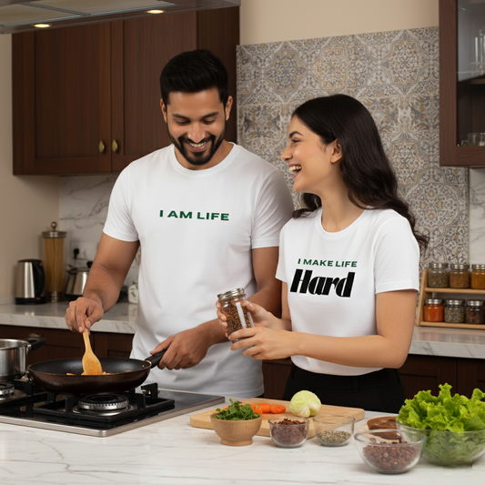 "Life Gets Hard Couple T-Shirt Set Her: I Make Life Hard | His: I Am Life"