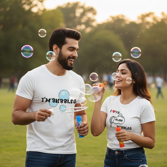 "Bubble Trouble Couple T-Shirt Set Hers: I Love to Blow Bubbles | His: I Am Bubbles"