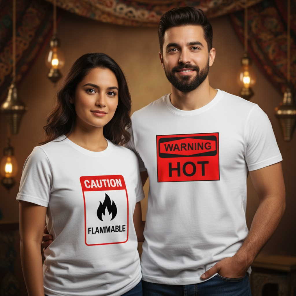 "Too Hot to Handle Couple T-Shirt Set  His: Warning: Hot | Hers: Caution: Flammable"