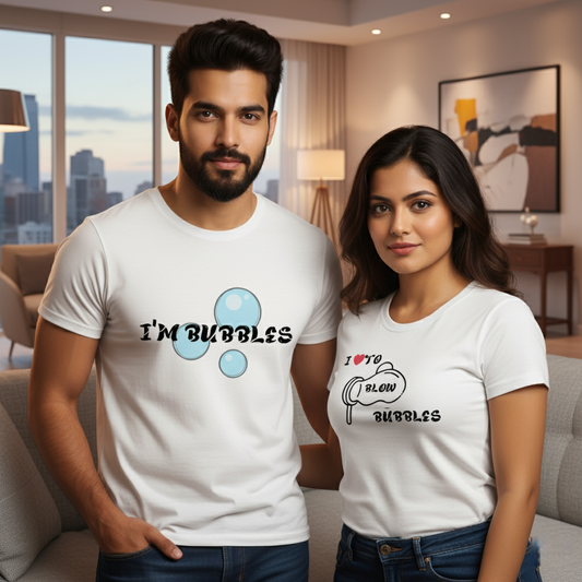 "Bubble Trouble Couple T-Shirt Set  Hers: I Love to Blow Bubbles | His: I Am Bubbles"