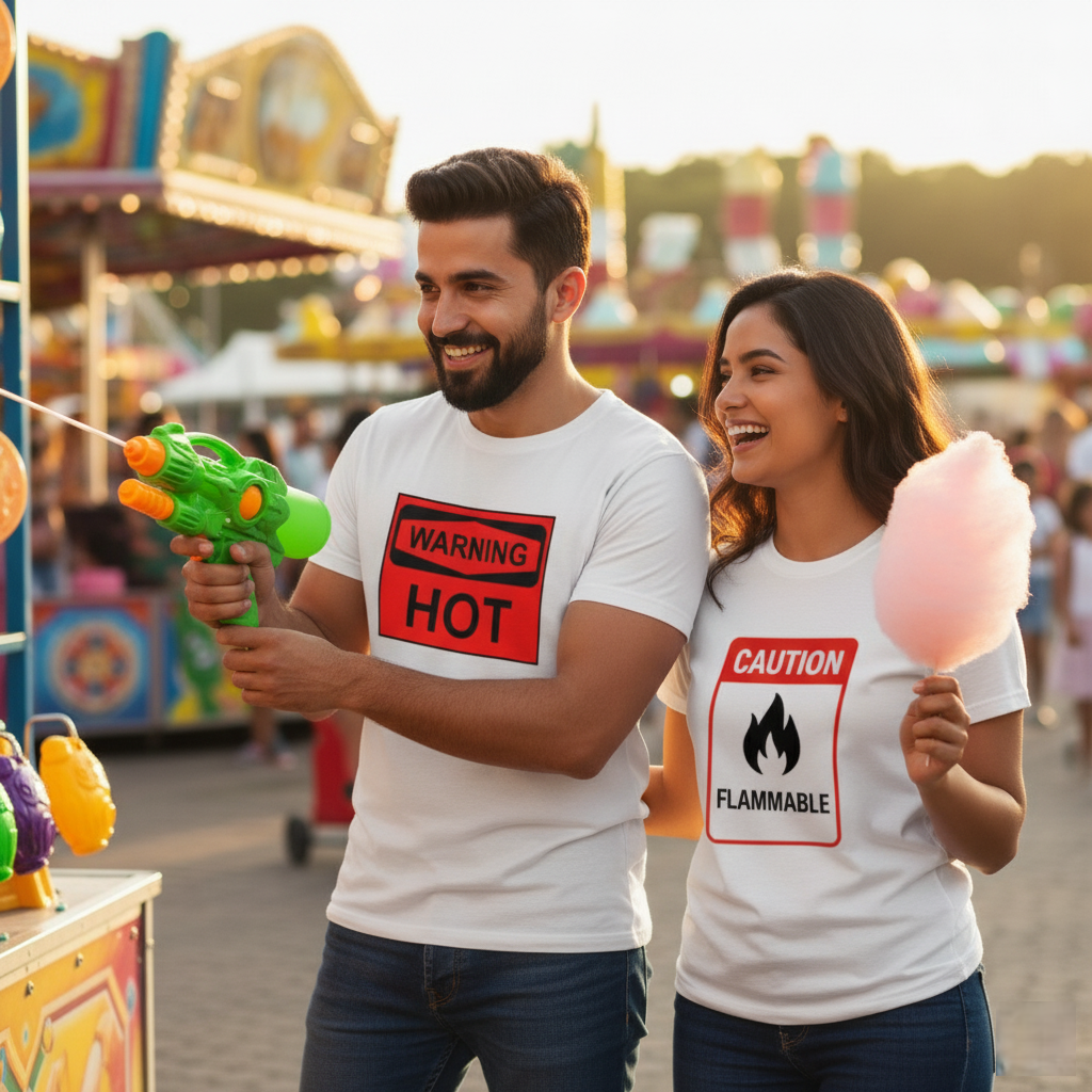"Too Hot to Handle Couple T-Shirt Set  His: Warning: Hot | Hers: Caution: Flammable"