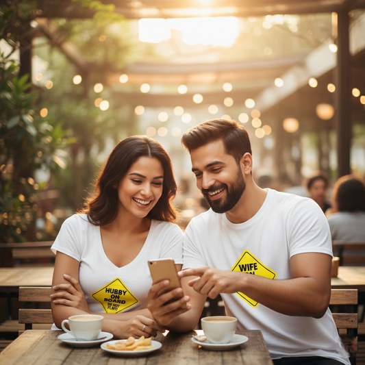 "On Board & Off Limits  Couple T-Shirt Set" His: Wife on Board  Do Not Flirt | Hers: Hubby on Board  Do Not Flirt