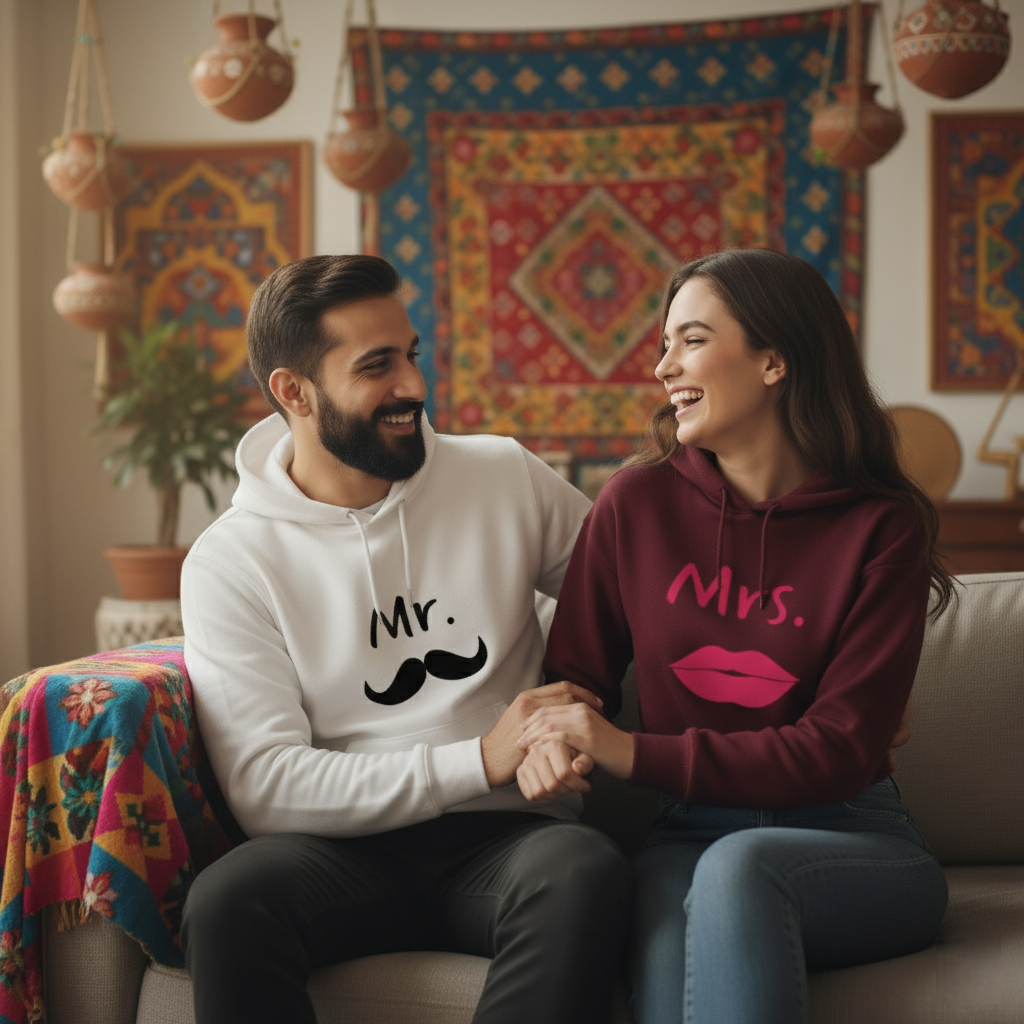 "Mr. & Mrs. Hoodie Set  Mustache & Lips Couple Combo"