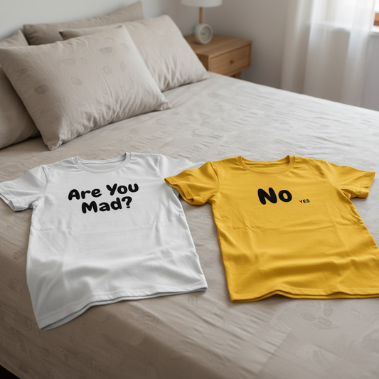 "The Denial Dynamic Couple T-Shirt Set  His: Are You Mad? | Hers: No (yes)"