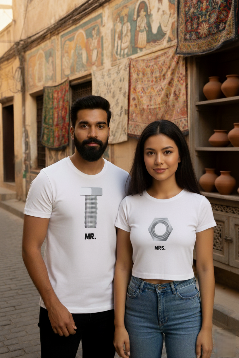 MR. Bolt & MRS. Nut Couple T-Shirt Combo  Funny Matching Tight Fit Love Tees by NextDate
