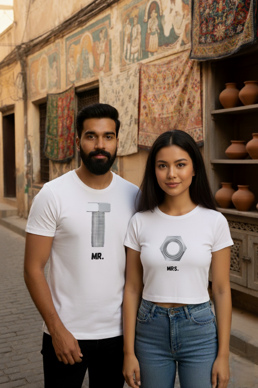 MR. Bolt & MRS. Nut Couple T-Shirt Combo  Funny Matching Tight Fit Love Tees by NextDate