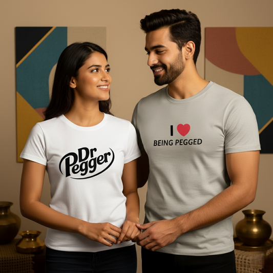 "Pegged & Proud Couple T-Shirt Set  His: I Love Being Pegged | Hers: Dr. Pegger"