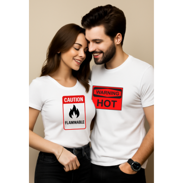 "Too Hot to Handle Couple T-Shirt Set – His: Warning: Hot | Hers: Caution: Flammable"