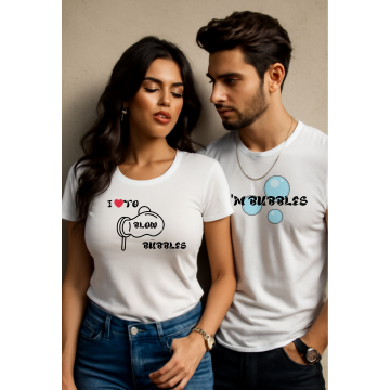 "Bubble Trouble Couple T-Shirt Set – Hers: I Love to Blow Bubbles | His: I Am Bubbles"