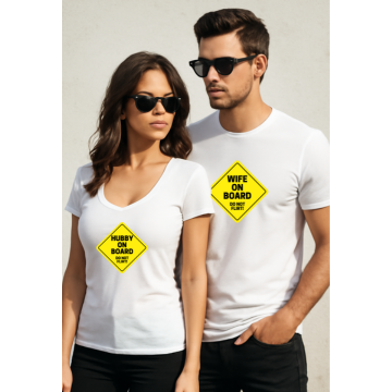 "On Board & Off Limits – Couple T-Shirt Set" His: Wife on Board – Do Not Flirt | Hers: Hubby on Board – Do Not Flirt